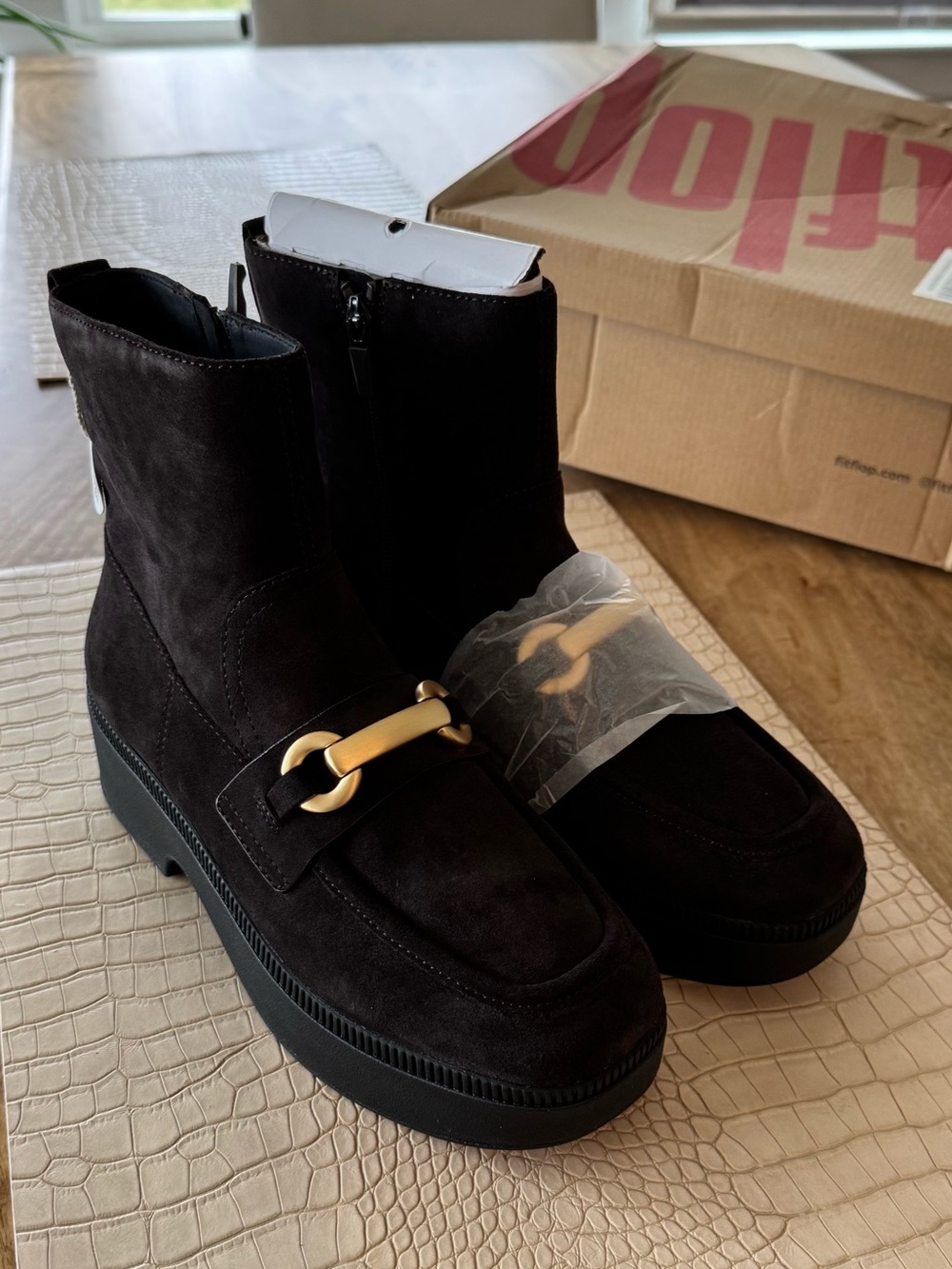 NWT FitFlop Suede Chunky-Snaffle Demi Wedge Boots